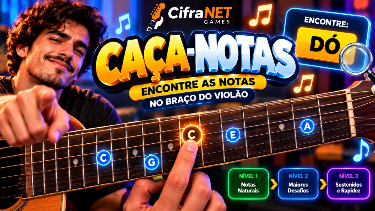 Imagem do jogo Caça-Notas – Encontre as Notas no Braço do Violão — CifraNET Games